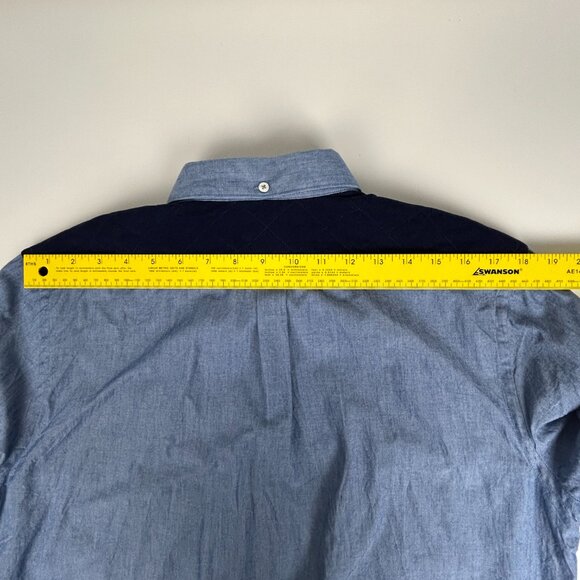 Faconnable Shirt Mens L Chambray Contempory Blue Corduroy Yoke Roll Tab Sleeve - Picture 12 of 16